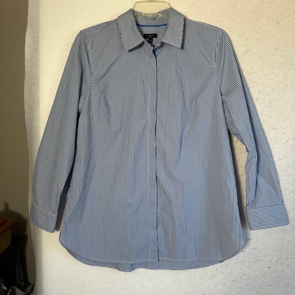 Talbots Petites Blue White Striped Button Down Shirt Long Sleeve LP Cotton Blend